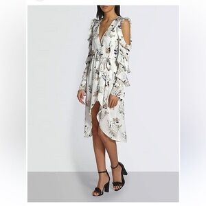 New Missguided Satin Floral Frill Cold Shoulder Midi Dress V-neck Wrap White 6
